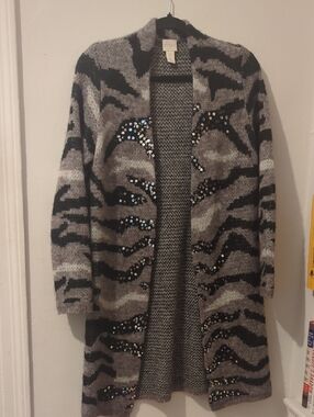Chico's Sequin Accent Grey & Black Zebra Knit 3/4 jacket Size  Small 0